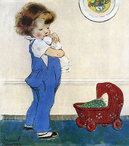 Little girl with doll and cradle by Muriel Dawson