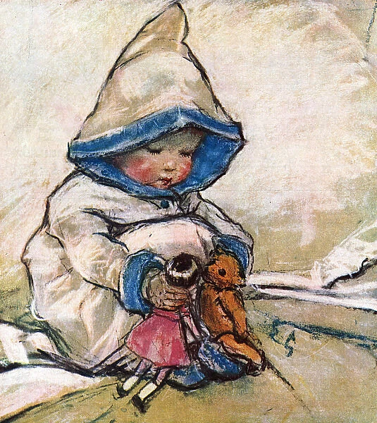 Little girl with doll and teddy by Muriel Dawson