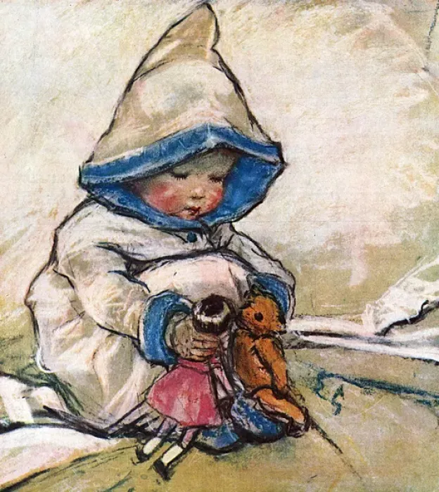 Framed Print : Little girl with doll and teddy by Muriel Dawson Framed Print : Little girl with doll and teddy by Muriel Dawson