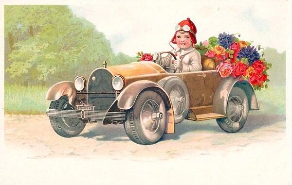 Little girl driving a car on a greetings postcard