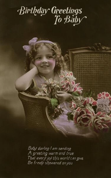 Little girl with flowers on a birthday postcard