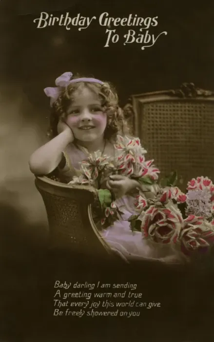 Framed Print : Little girl with flowers on a birthday postcard Framed Print : Little girl with flowers on a birthday postcard