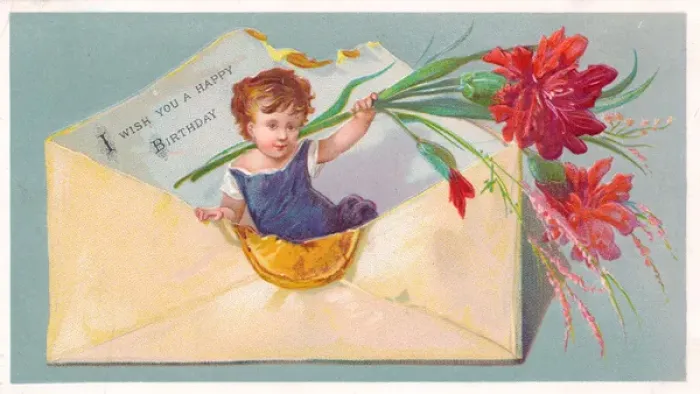 Framed Print : Little girl with flowers in an envelope on a birthday card Framed Print : Little girl with flowers in an envelope on a birthday card