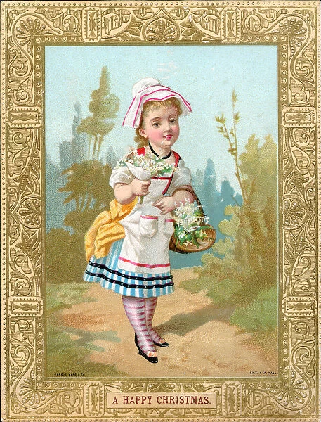 Little girl in a garden with flowers on a Christmas card