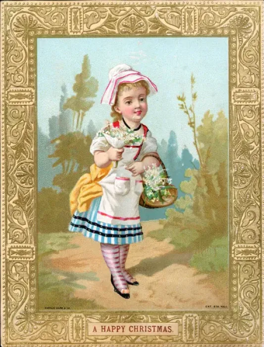 Framed Print : Little girl in a garden with flowers on a Christmas card