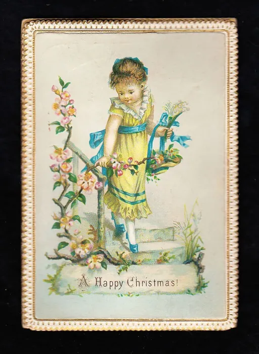 Framed Print : Little girl in a garden with flowers on a Christmas card Framed Print : Little girl in a garden with flowers on a Christmas card