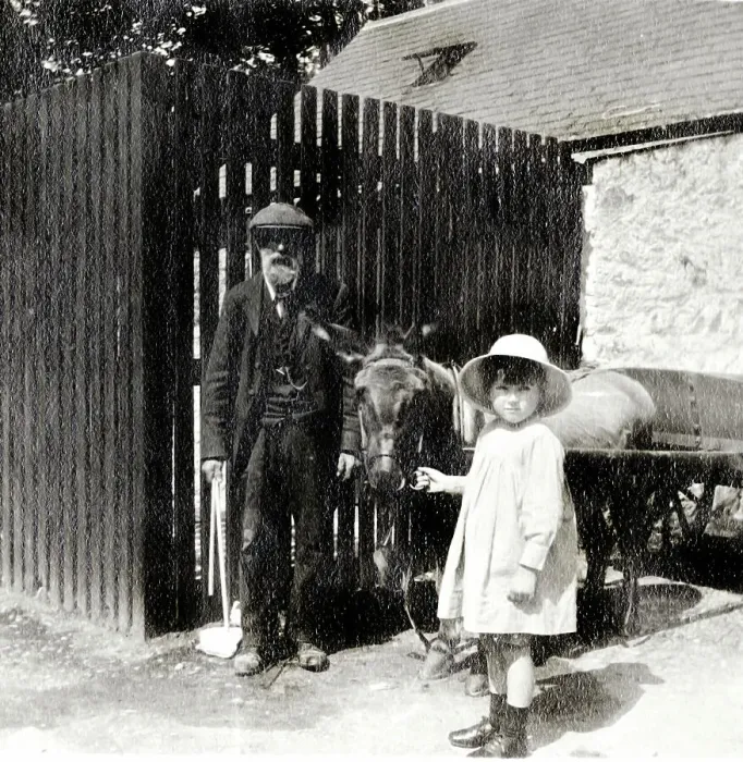 Framed Print : Little girl and grandfather with donkey Framed Print : Little girl and grandfather with donkey