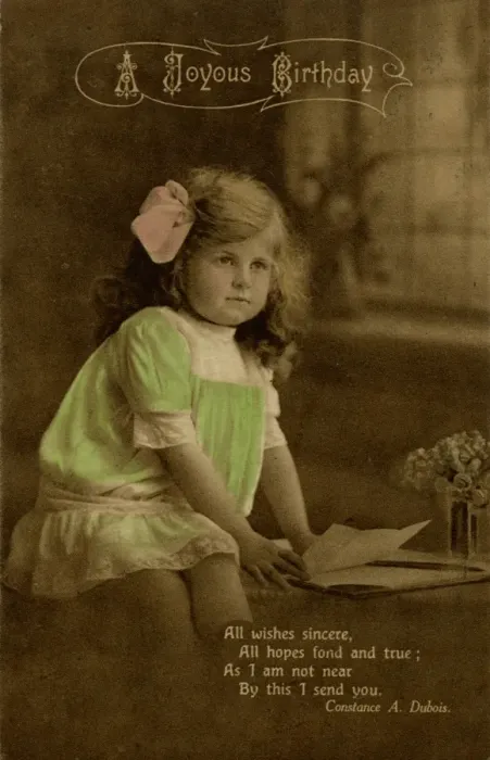 Framed Print : Little girl in green dress on birthday postcard Framed Print : Little girl in green dress on birthday postcard