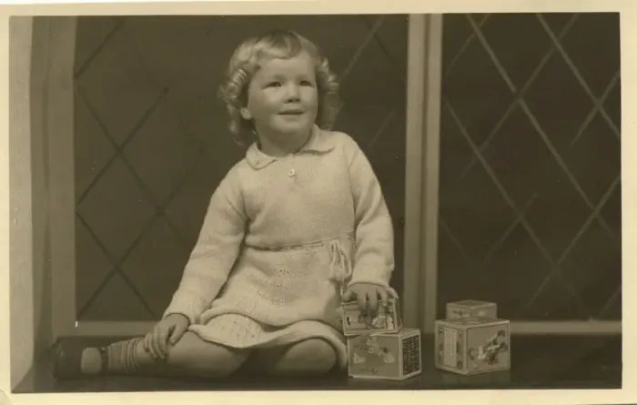 Framed Print : A little girl grins for her photograph, alongside some toy building blocks Framed Print : A little girl grins for her photograph, alongside some toy building blocks