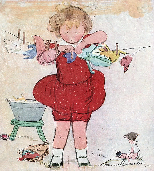 Little girl hanging out washing, by Muriel Dawson