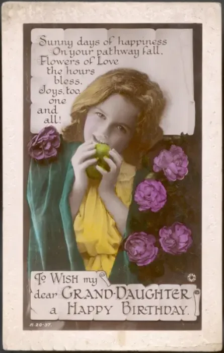 Framed Print : Little girl on a Happy Birthday postcard Framed Print : Little girl on a Happy Birthday postcard