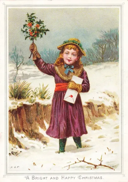Framed Print : Little girl with holly on a Christmas card Framed Print : Little girl with holly on a Christmas card