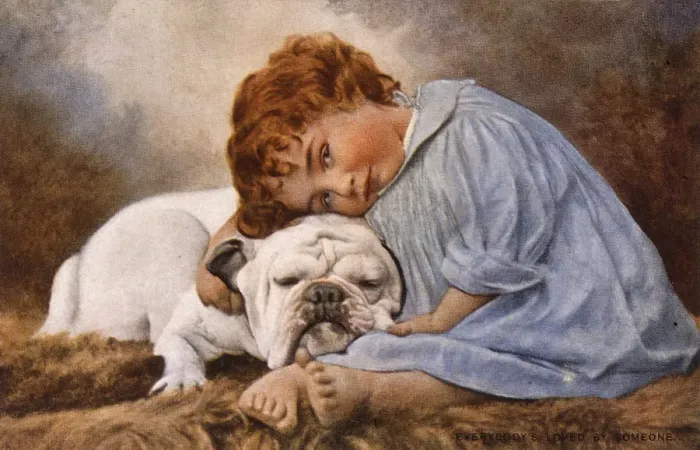 Framed Print : Little girl hugs a friendly bulldog Framed Print : Little girl hugs a friendly bulldog