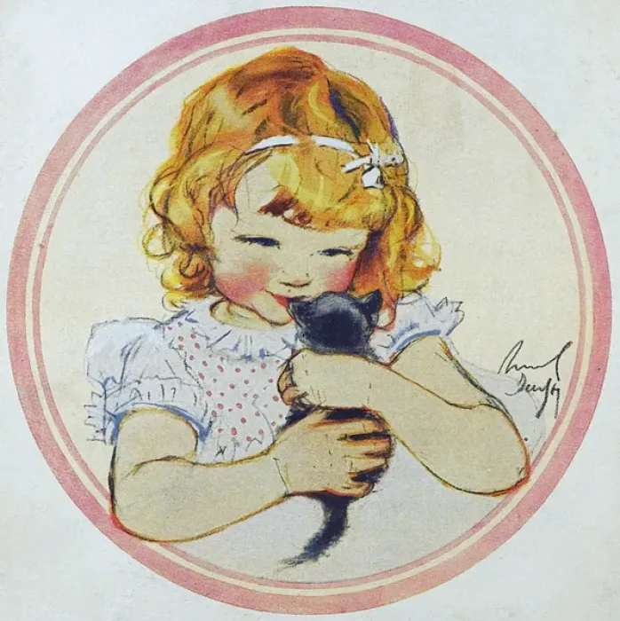Framed Print : Little girl with kitten by Muriel Dawson Framed Print : Little girl with kitten by Muriel Dawson