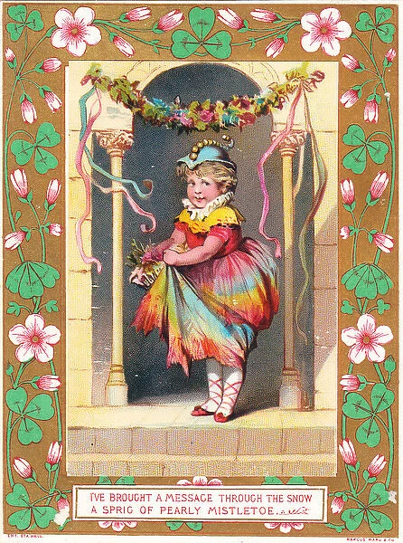 Little girl with mistletoe on a Christmas card