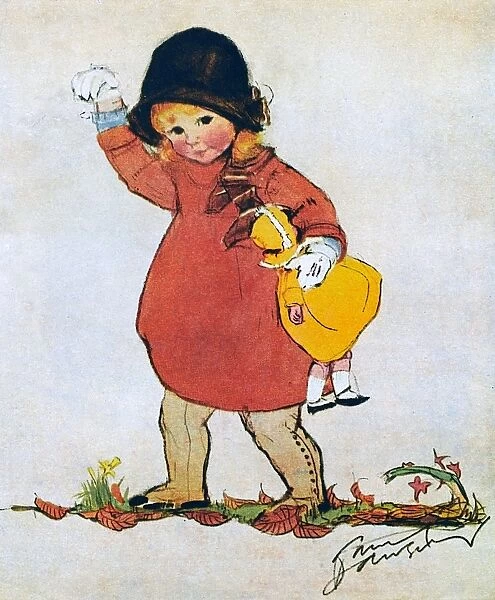Little girl in orange coat by Muriel Dawson
