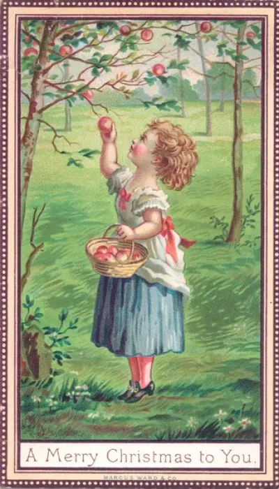 Framed Print : Little girl in an orchard on a Christmas card Framed Print : Little girl in an orchard on a Christmas card