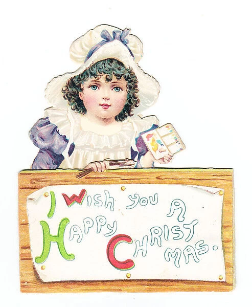 Little girl with paintbox on a cutout Christmas card