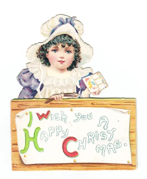Framed Print : Little girl with paintbox on a cutout Christmas card Framed Print : Little girl with paintbox on a cutout Christmas card