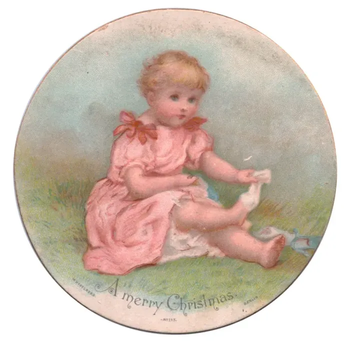 Framed Print : Little girl in pink on a circular Christmas card Framed Print : Little girl in pink on a circular Christmas card