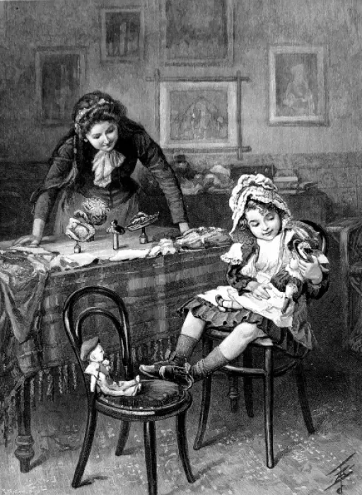 Framed Print : Little Girl playing at shopping, 1892 Framed Print : Little Girl playing at shopping, 1892
