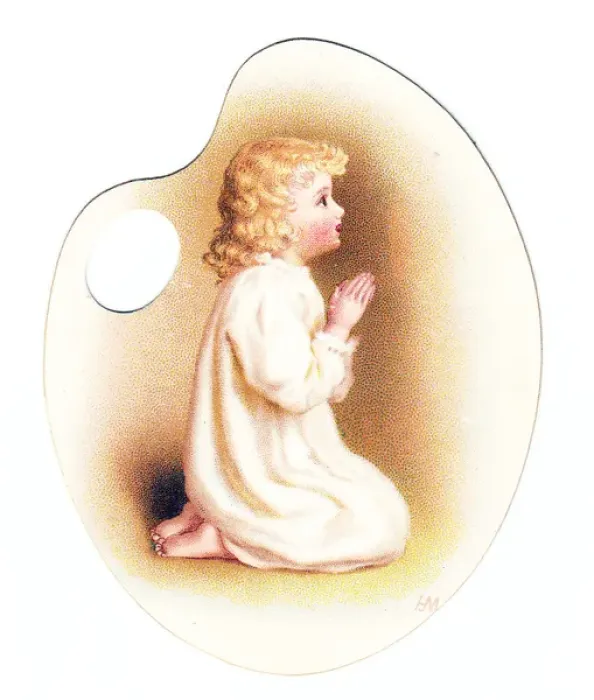 Framed Print : Little girl praying on a palette-shaped greetings card Framed Print : Little girl praying on a palette-shaped greetings card