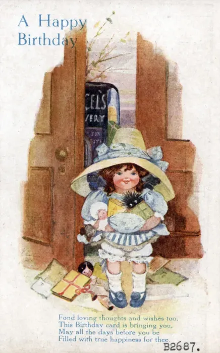 Framed Print : Little girl with presents on a birthday postcard Date: circa 1918 Framed Print : Little girl with presents on a birthday postcard Date: circa 1918