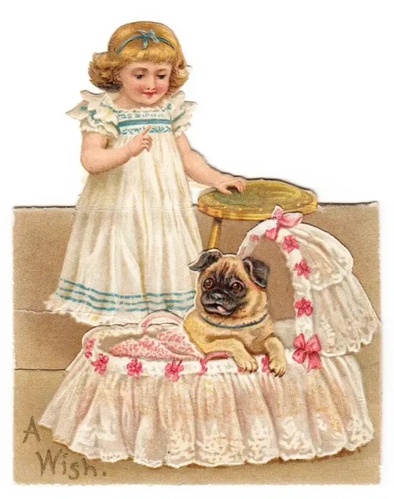Framed Print : Little girl with pug dog on a cutout greetings card Framed Print : Little girl with pug dog on a cutout greetings card