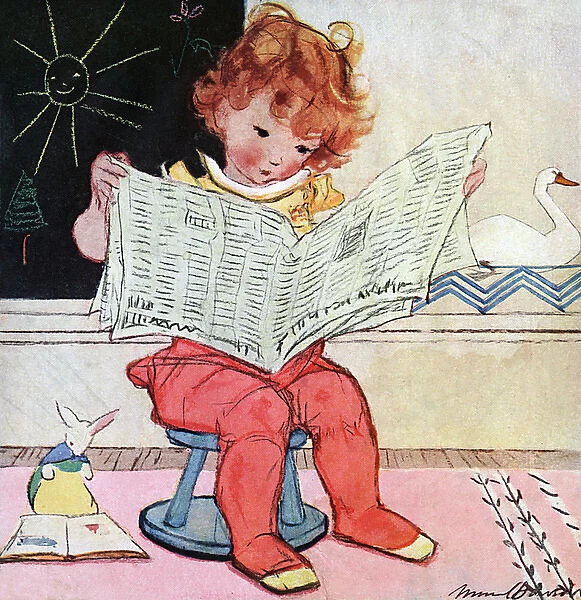 Little girl reading newspaper by Muriel Dawson