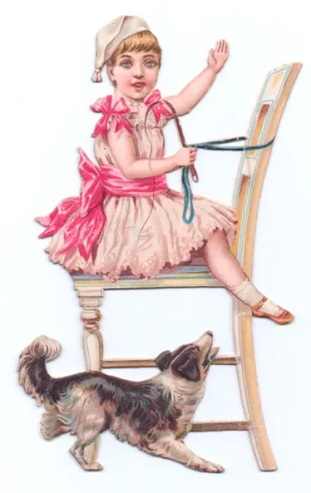 Framed Print : Little girl riding a chair on a cutout greetings card Framed Print : Little girl riding a chair on a cutout greetings card