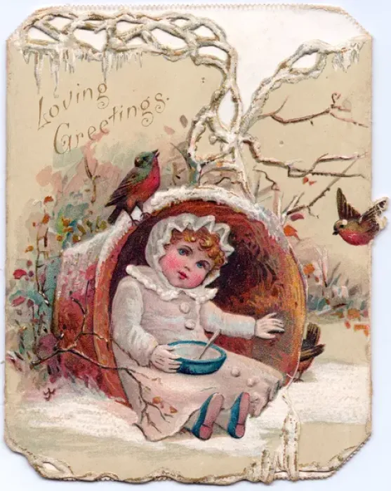 Framed Print : Little girl with robins on a Christmas card Framed Print : Little girl with robins on a Christmas card