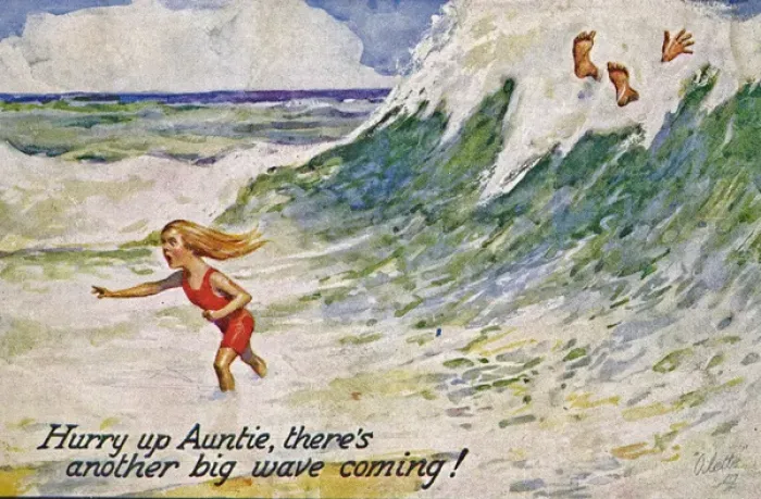 Framed Print : Little girl at the seaside on a comic postcard Framed Print : Little girl at the seaside on a comic postcard