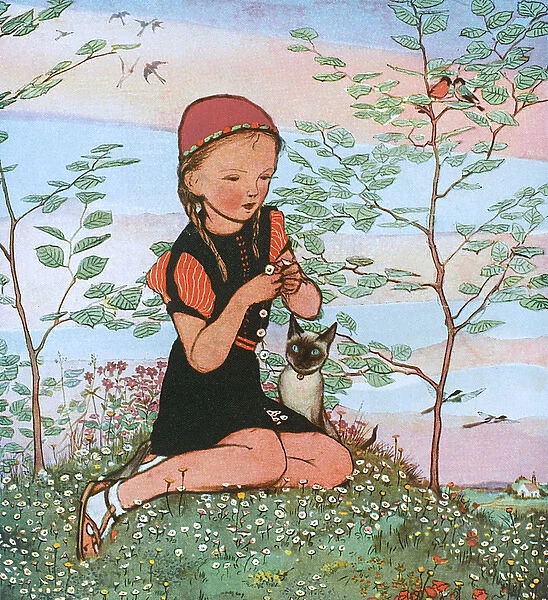 Little girl with Siamese cat by Muriel Dawson