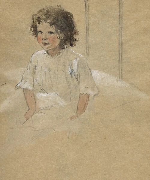 Little girl sitting up in bed, by Muriel Dawson