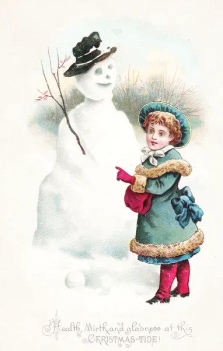 Framed Print : Little girl with snowman on a Christmas postcard Framed Print : Little girl with snowman on a Christmas postcard