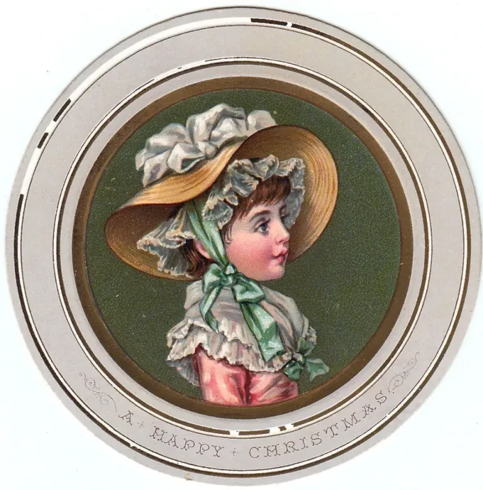 Framed Print : Little girl in a straw bonnet on a circular Christmas card Framed Print : Little girl in a straw bonnet on a circular Christmas card
