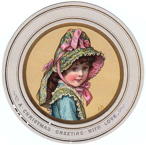 Little girl in a summer bonnet on a circular Christmas card