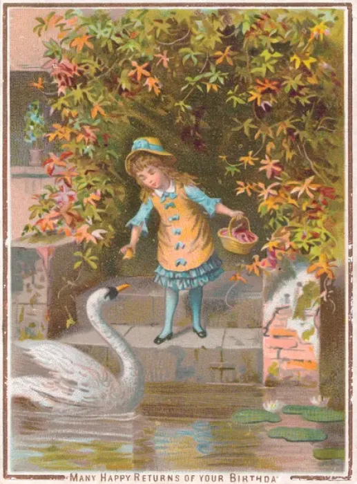 Framed Print : Little girl with swan on a birthday card Framed Print : Little girl with swan on a birthday card