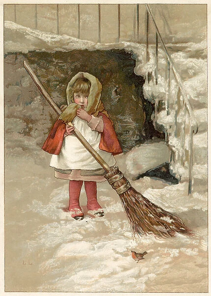 A little girl sweeps the snow by the steps, watched by a robin. Date: circa 1886