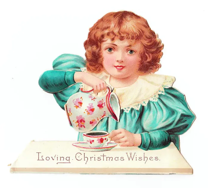 Framed Print : Little girl at a table on a cutout Christmas card Framed Print : Little girl at a table on a cutout Christmas card