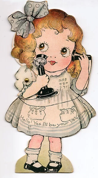 Little girl on the telephone on a Valentine card