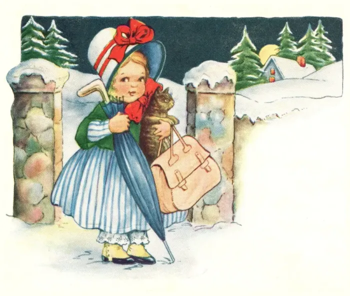 Framed Print : Little girl walking through snow with cat Framed Print : Little girl walking through snow with cat