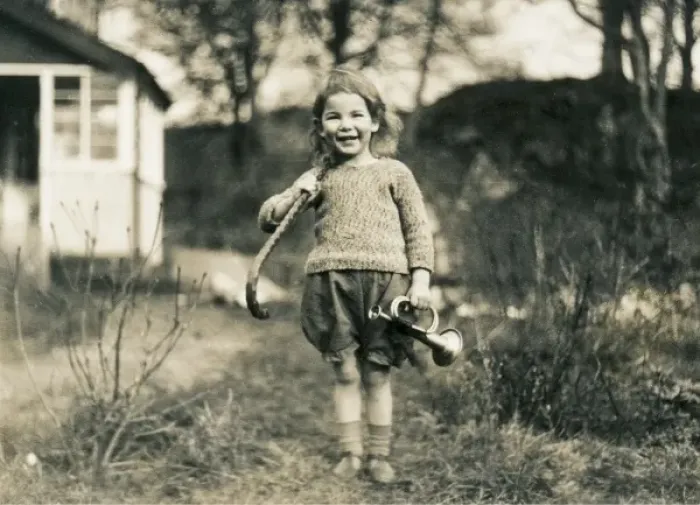 Framed Print : Little girl with walking stick and toy bugle, Scotland Framed Print : Little girl with walking stick and toy bugle, Scotland
