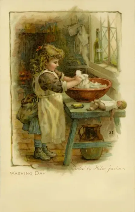 Framed Print : Little girl on washing day