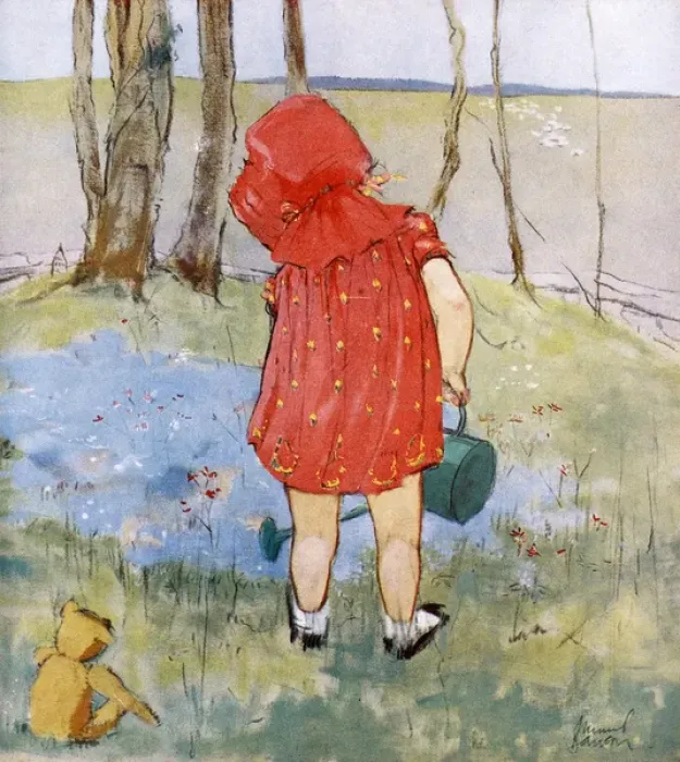 Framed Print : Little girl with watering can by Muriel Dawson Framed Print : Little girl with watering can by Muriel Dawson