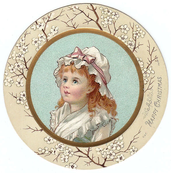 Little girl in a white bonnet on a circular Christmas card