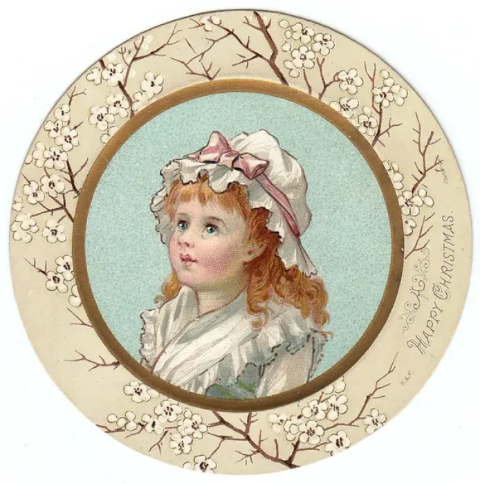 Framed Print : Little girl in a white bonnet on a circular Christmas card Framed Print : Little girl in a white bonnet on a circular Christmas card