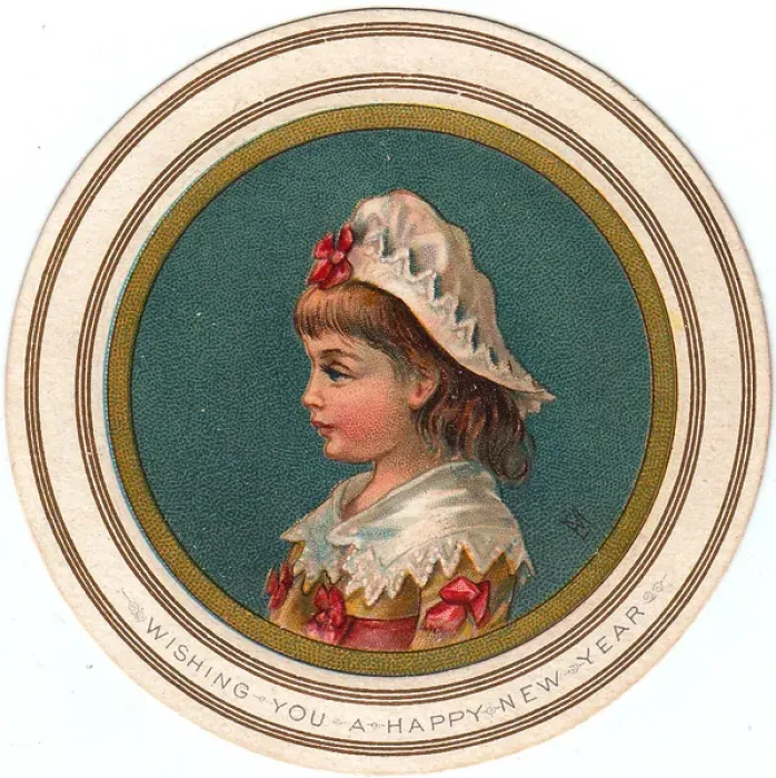 Framed Print : Little girl in a white cap on a circular New Year card Framed Print : Little girl in a white cap on a circular New Year card