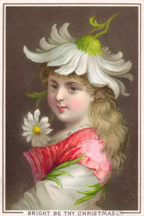 Framed Print : Little girl with white daisies on a Christmas card Framed Print : Little girl with white daisies on a Christmas card