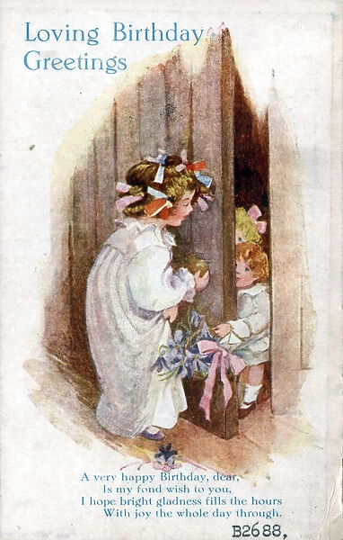 Little girl with younger siblings on a birthday postcard Date: circa 1918